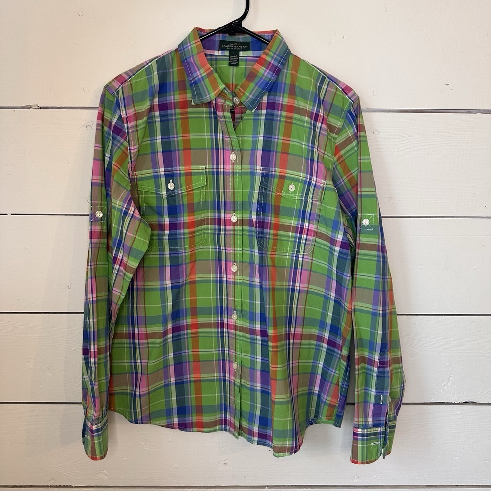 Ralph Lauren Womens Green Pink Plaid Button Up Blouse Roll Tab Sleeve L Preppy